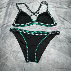 Victoria's Secret Bikini Set Women's Medium Top/Medium Bottom Black Aqua Accents